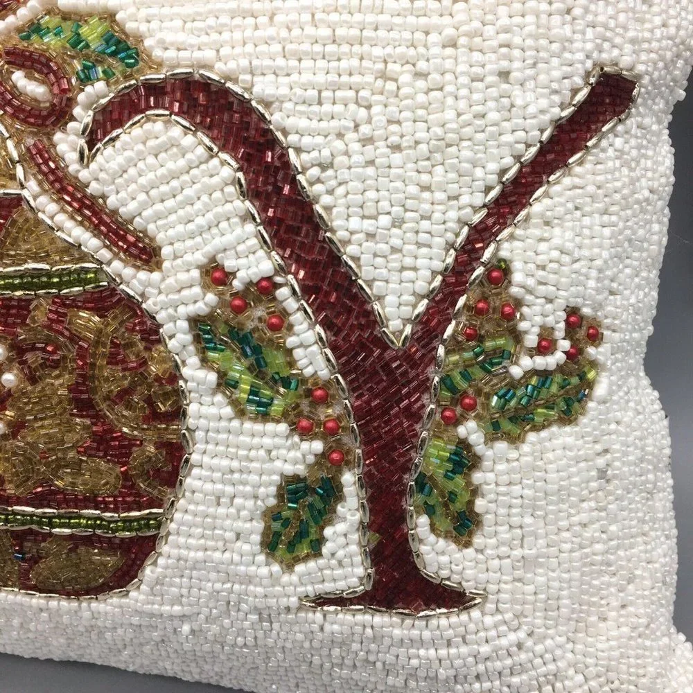 x2 Christmas JOY Holiday Beaded Throw Pillow Set Ornament Holly Berries Decor